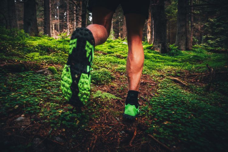 man finding zen running shoes through park trail